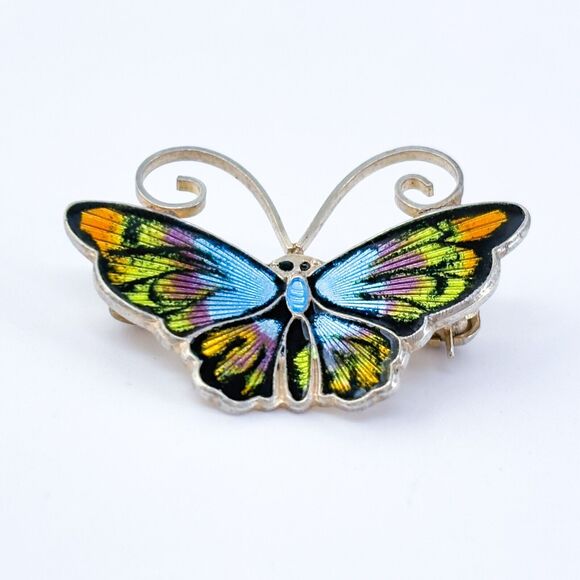 David Andersen Guilloche Multicolor Enamel Sterling Silver Butterfly Pin Brooch - Picture 3 of 7